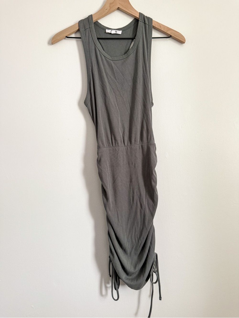BB Dakota Steve Madden Ruched Drawstring Midi Dress Olive Green Ribbed Size S
